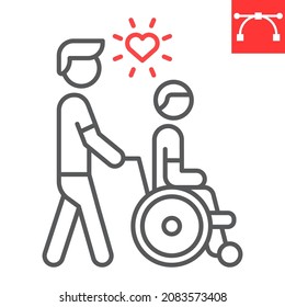 Disabled People Help Line Icon, Caretaker And Volunteering, Man Take Wheelchair Man Vector Icon, Vector Graphics, Editable Stroke Outline Sign, Eps 10.