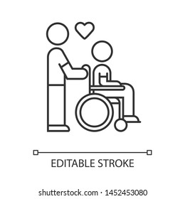 Disabled people help linear icon. Volunteer responsibility for handicapped. Man carries invalid in wheelchair. Thin line illustration. Contour symbol. Vector isolated outline drawing. Editable stroke