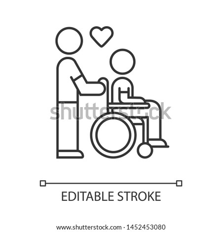 Disabled people help linear icon. Volunteer responsibility for handicapped. Man carries invalid in wheelchair. Thin line illustration. Contour symbol. Vector isolated outline drawing. Editable stroke