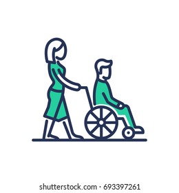 Disabled People Help - modern vector single line design icon. An image of two persons, female pushing a wheel chair with male, green color, white background. Charity, care, volunteering presentation