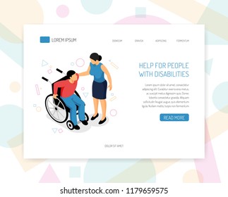 Disabled people help organizations volunteers training fundraising isometric web page design with providing wheelchair assistance vector illustration   