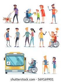 Disabled people and help for them poster on white. Assistance for blind boy and girl; woman, boy and men on carriage; people with artificial parts of body. Vector illustration of kind attitude