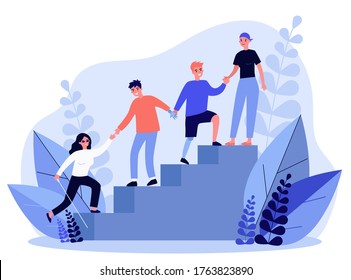 Disabled people helping to each other. Handicapped men and women holding hands and climbing upstairs flat vector illustration. Community, support concept for banner, website design or landing web page