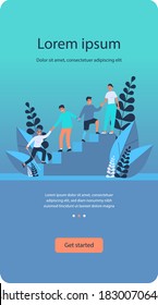 Disabled people helping to each other. Handicapped men and women holding hands and climbing upstairs flat vector illustration. Community, support concept for banner, website design or landing web page