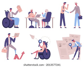 Disabled people hiring. Handicapped characters business process, male and female persons recruitment vector illustration set. Disability employers. Analyzing cv, having interview