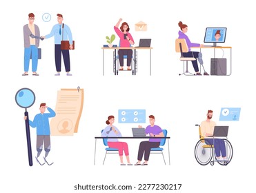 Disabled people hiring. Handicapped worker on meeting job interview, corporate inclusion recruitment disability seeker or business handicap colleagues, vector illustration of worker office employee