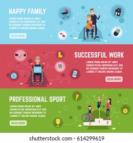 Disabled people horizontal banners set with professional sport symbols flat isolated vector illustration
