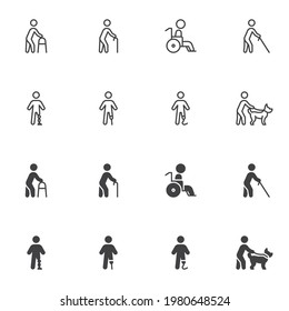 Disabled people icon set, line and glyph version, outline and filled vector sign. linear and full pictogram. Symbol, logo illustration. Set includes icons as handicapped person, wheelchair, guide-dog