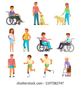 Disabled people icon set. Vector flat illustration isolated on white background. People using mobility aids walking frame, wheelchair, runner blades, crutches, prosthesis. Blind with stick, guide dog.
