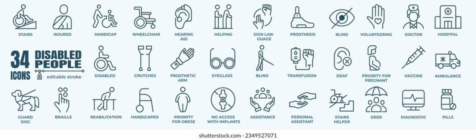 Disabled people icon set, vector illustration on white background. Accessibility Icons Pack.