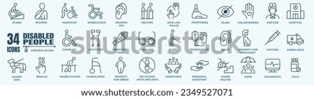 Disabled people icon set, vector illustration on white background. Accessibility Icons Pack.