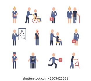 Disabled people icons bundle. Linear dot style icon. Vector illustration