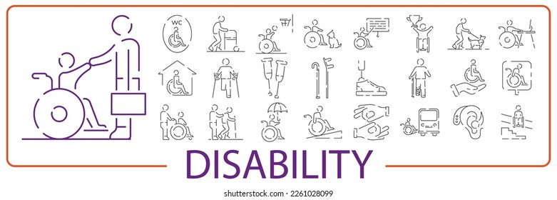 disabled people Icons Set. Linear or line style Icons. Vector illustration social issue