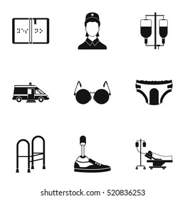 Disabled people icons set. Simple illustration of 9 disabled people vector icons for web