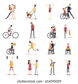 Disabled people icons set with sports and leisure symbols flat isolated vector illustration