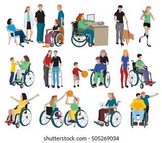 Disabled people icons set with wheelchair and sports symbols flat isolated vector illustration