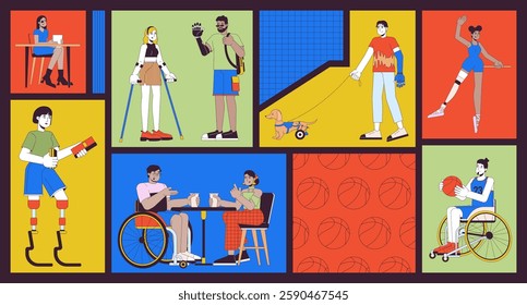 Disabled people inclusion bento grid illustration set. Equality and inclusion 2D vector image collage design graphics collection. Adults with disabilities flat characters moodboard layout