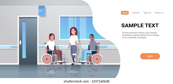 disabled people injured in various cases mix race patients sitting in wheelchair woman with prosthetic leg accident disability concept clinic interior full length copy space