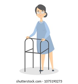 Disabled people. Isolated woman with crutches on white.