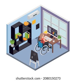 Disabled people isometric composition with human character of woman on wheelchair in office room vector illustration