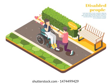 Disabled people isometric design concept with young man proposing to girl in wheelchair vector illustration