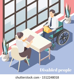 Disabled people isometric poster with female manager talking to male person in wheelchair in office interior vector illustration