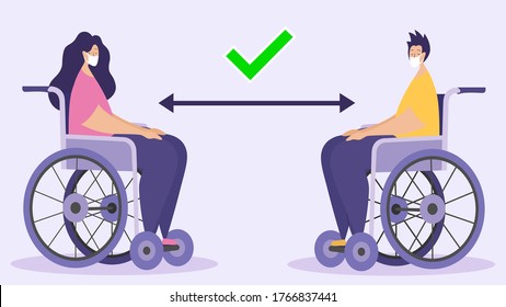 Las personas con discapacidad mantienen la distancia durante la cuarentena. El concepto de entendimiento Covid-19. Promoción del concepto de categoría vulnerable. Ilustración vectorial en un estilo plano.