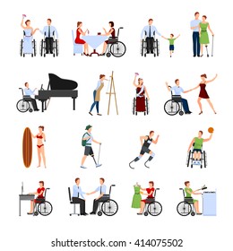 Disabled people leading full active creative life flat icons collection with paralympics runner abstract isolated vector illustration