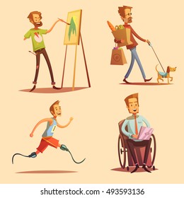  Disabled people leading happy life retro cartoon 2x2 flat icons set isolated vector illustration svg
