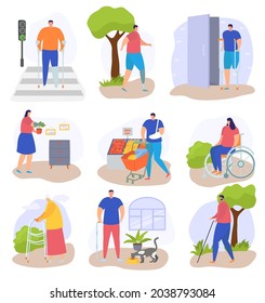 Disabled people lifestyle, isolated on white set, vector illustration, flat woman person character at wheelchair, disability man without leg.