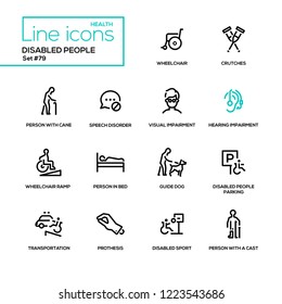 Disabled people - line design style icons set. Wheelchair, crutches, person with cane, speech disorder, visual and hearing impairment, ramp, in bed, guide dog, parking, transportation, prothesis, cast