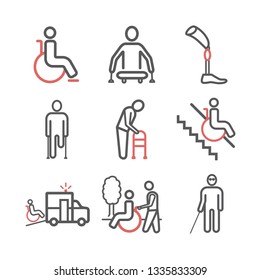 Disabled People line icons set. Vector signs for web graphics.