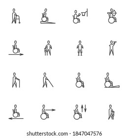 Disabled people line icons set, outline vector symbol collection, linear style pictogram pack. Signs, logo illustration. Set includes icons as wheelchair, man with prosthetic leg, handicapped person