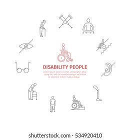 Disabled People line icons set isolated. Care Help and Accessibility. Web Banner. Vector illustration.