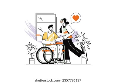 Disabled people linear concept with people scene in the flat cartoon style. A girl takes care of her friend who is in a wheelchair so that he does not feel alone. Vector illustration.