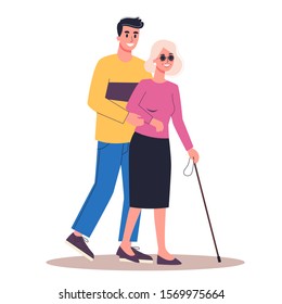 Disabled people living active life concept. Blind women with an escort. Flat vector illustration in cartoon style.