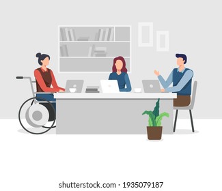 Disabled people in office. Young women with disabilities work in an office with a team, Meeting and Brainstorming project. Young woman in wheelchair working with colleague. Vector in a flat style