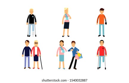 Disabled People On Crutches Or With Prosthesis In Different Poses And Actions Vector Illustration Set Isolated On White Background