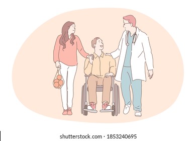 Disabled people on wheelchair living happy active lifestyle concept. Smiling positive young man cartoon character in wheelchair communicating with his doctor and girlfriend walking nearby 