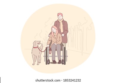 Disabled People On Wheelchair Living Happy Active Lifestyle Concept. Smiling Young Disabled Woman Cartoon Character In Wheelchair Walking Dog Outdoors In Park With Loving Boyfriend Behind 