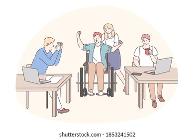 Disabled people on wheelchair living happy active lifestyle concept. Young business partners office workers cartoon characters supporting colleague boy in wheelchair in office 