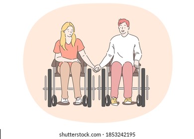 Disabled people on wheelchair living happy active lifestyle concept. Young disabled happy couple cartoon characters in wheelchair sitting and holding hands vector illustration 