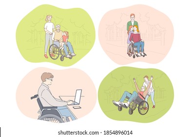 Disabled people on wheelchair living happy active lifestyle concept. Young disabled men and women on wheelchairs having family, working on laptop, walking in park, enjoying time and having fun 