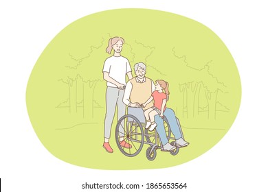 Disabled people on wheelchair living happy active lifestyle concept. Senior elderly man on wheelchair enjoying company of daughter and granddaughter on knees in park outdoors in summer illustration 