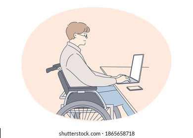 Disabled people on wheelchair living happy active lifestyle concept. Young disabled man on wheelchair sitting and working online on laptop from home. Distant job for people with disabilities 