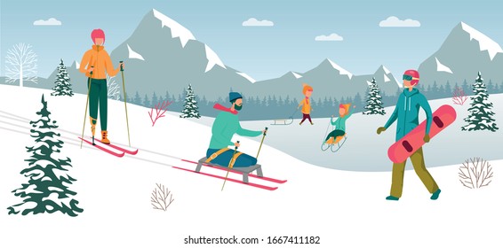 Disabled People on Winter Sport Flat Cartoon Vector Illustration. Woman with Leg Prosthesis Skiing. Handicapped Man with Amputation Sledding on Hill. Characters with Disabilities Having Active Life.