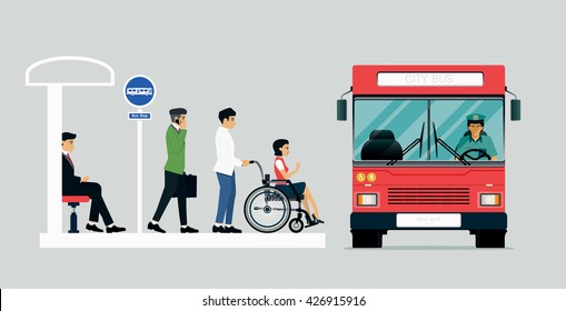 Disabled people and others are waiting for the bus.
