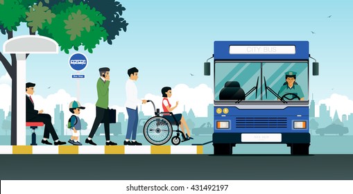 Disabled People And Others Are Waiting For The Bus.