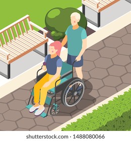 Disabled people outdoor isometric composition with couple in city park man pushing woman in wheelchair vector illustration 