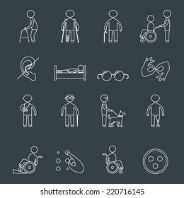 Disabled people outline icons set of wheelchair blind deaf man isolated vector illustration